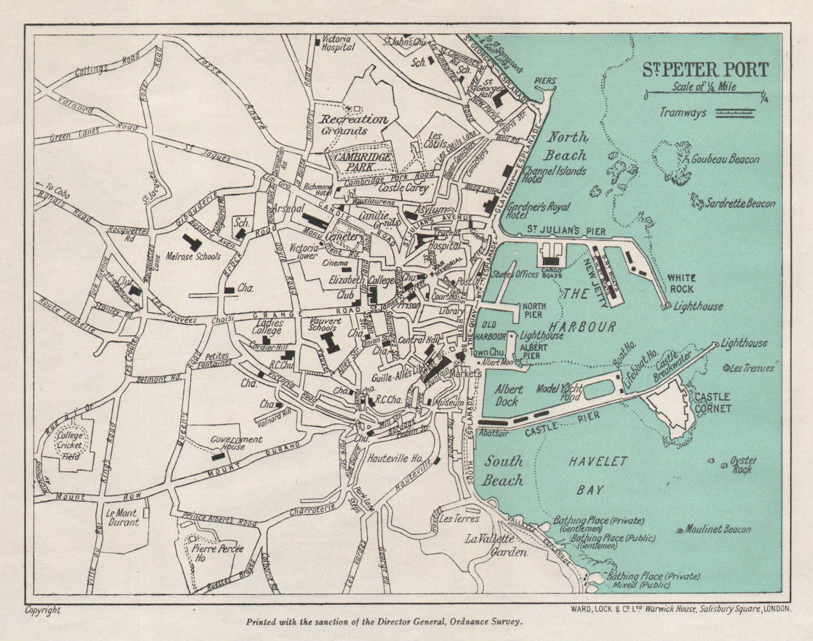 ST PETER PORT vintage town plan. Guernsey Channel Islands. WARD LOCK 1950 map